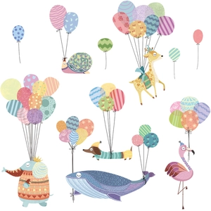 Cartoon animal wall stickers with hot air balloons for kids room nursery decoration