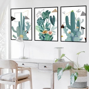 Ensemble de toiles murales nordiques avec cactus et monstera et cadres noirs de salon