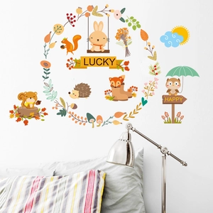 Removable Cartoon Forest Animal Wall Stickers PVC Waterproof Floral Wreath Rabbit Fox Owl Wall Decals For Kids Room Nursery Decor