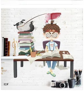 Close-up of motivational cartoon wall sticker with boy studying and fighting slogans