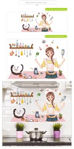 Cartoon kitchen wall sticker layout showing cooking girl and sizes 30x90cm or 60x90cm