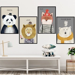 Lot de tableaux muraux animaux nordiques avec panda lion renard et ours cadres noirs
