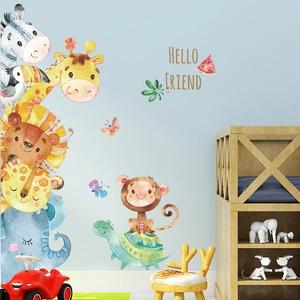 Watercolor cartoon forest animals wall decals featuring giraffe and zebra for kids room