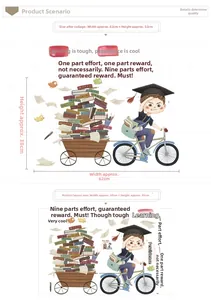 Detailed dimensions of cartoon motivational wall stickers with layout and finished sizes