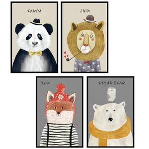 Lot de 4 stickers muraux nordiques avec motifs mignons de panda, lion, renard et ours