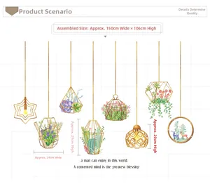 Watercolour succulent wall decals with geometric pots and lamps, size 150x106cm