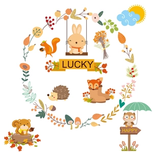 Removable forest animal wall stickers with fox, rabbit, and squirrel for kids room decor