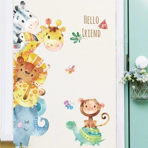 Watercolor animal wall decals featuring giraffe and lion for nursery room decoration