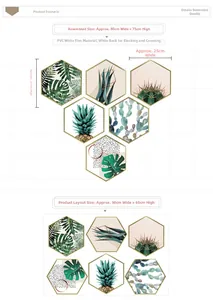 Detail of waterproof PVC hexagon wall stickers with green tropical plant leaf patterns