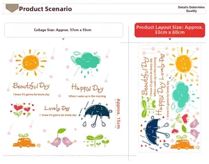Detail view of cartoon sun and clouds wall sticker with 57x55cm layout dimensions