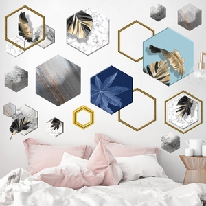 Modern hexagonal wall stickers with marble patterns and tropical leaves for bedroom decor