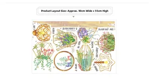 Detail of succulent wall sticker with geometric gold frames and 90x55cm layout dimensions