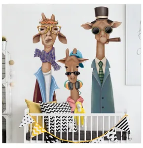 Detail view of cartoon giraffe wall stickers with rock accessories in a nursery room