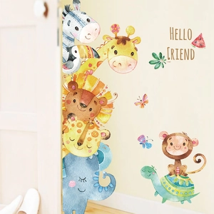 Cartoon forest animals wall stickers with giraffe and hello friend text for nursery room