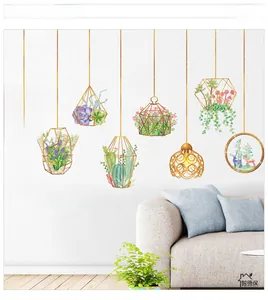 Detail showing watercolor succulent plant wall stickers with geometric frames and lights