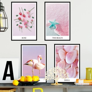 Modern pink flamingo and seashell framed wall art set for bedroom decoration