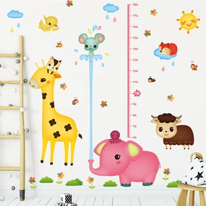 Cartoon giraffe height chart wall decal for kids rooms with colorful animal stickers