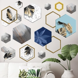 Modern hexagon wall stickers set with gold leaf and marble patterns for living room decor