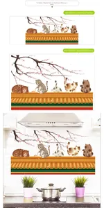 Detail view of oil-proof kitchen wall stickers with cat and cherry blossom patterns
