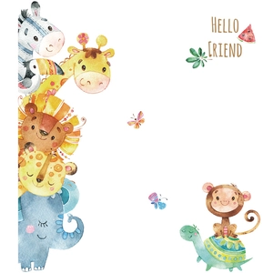 Cartoon watercolor jungle animal wall stickers featuring giraffe and lion for nursery decor