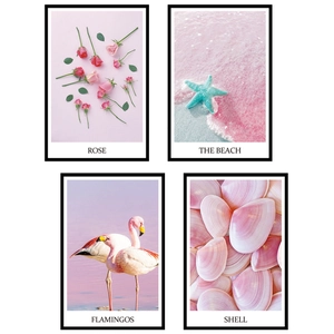Pink flamingo and seashell canvas wall art prints with black frames for bedroom decor