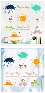 Cartoon wall stickers featuring sun, clouds and flowers applied in a children room