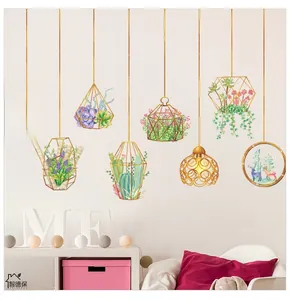 Detail of Nordic succulent wall decals featuring hanging plants and vintage golden lamps