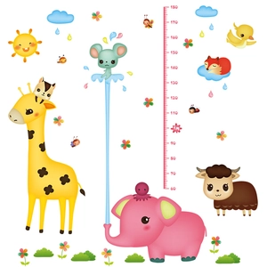 Cartoon animal growth height wall stickers with giraffe for kids nursery room decor