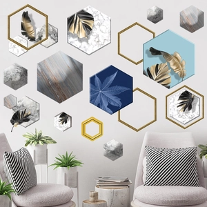 Modern hexagonal wall stickers with marble patterns and gold leaf designs for living room