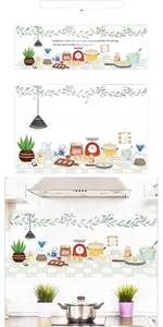 Detail view of self-adhesive oil-proof kitchen wall stickers with hand-drawn cartoon motifs