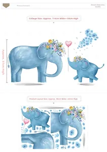 Detail view of watercolor baby elephant wall decals with layout and finished size dimensions