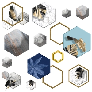 Self-adhesive hexagonal wall stickers with marble texture and golden leaf patterns
