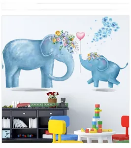 Detail of watercolor elephant wall stickers with floral wreaths and pink heart balloons