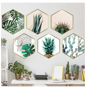Modern hexagonal green plant wall art set with gold frames for home office decor
