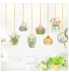Detail of Nordic style watercolor succulent plants and geometric hanging wall stickers