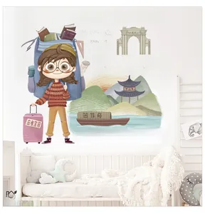 Detail of inspirational classroom wall decal with cartoon girl and Chinese motivational quote