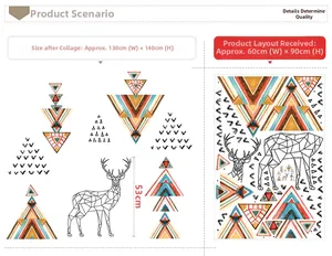 Detail showing geometric deer wall sticker assembly and shipping dimensions 130x140cm