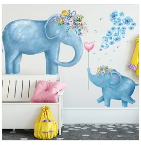 Detail of baby wall stickers featuring cute elephants with pink heart balloons and flowers
