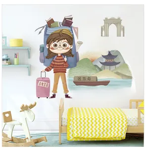 Detail of cartoon girl wall sticker with motivational study themes for kids bedroom