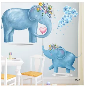Close-up of cute elephant wall stickers with pink balloons and floral wreath for baby room