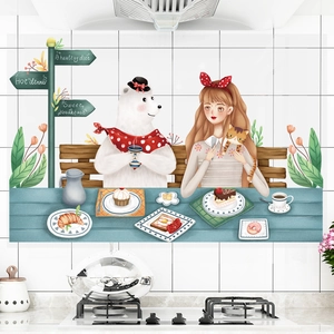 Cartoon kitchen wall sticker with girl and polar bear design, oil-proof and heat-resistant