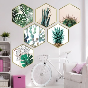 Set of 6 hexagonal tropical plant wall stickers with golden frames for Nordic home decor