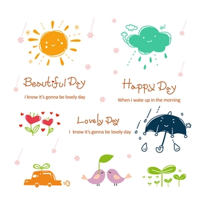 Cartoon wall stickers with sun clouds and flowers for nursery and kids room decoration