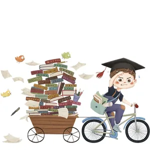 Inspirational student wall sticker with a cartoon boy cycling with a pile of books