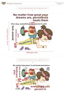 Detail view of motivational wall sticker showing layout dimensions for boxing girl and cat
