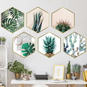 Set of 6 hexagonal tropical plant wall stickers with golden frames and green leaf designs