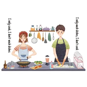 Self-adhesive oil-proof kitchen wall sticker with warm family cooking illustration