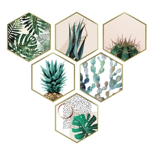 6-piece hexagonal green plant wall stickers with tropical leaves and geometric gold frames