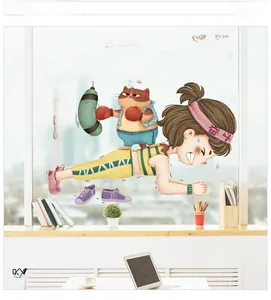 Detail of inspirational wall sticker featuring a cartoon girl and cat for room decor