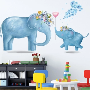 Watercolor blue elephant wall decals with pink heart balloons for nursery wall decor